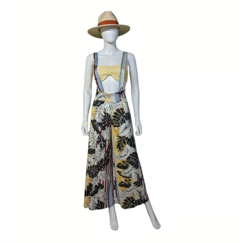 ZHU Size S Wide Leg Tropical Print Pants Overalls Suspenders Flowy Island Resort